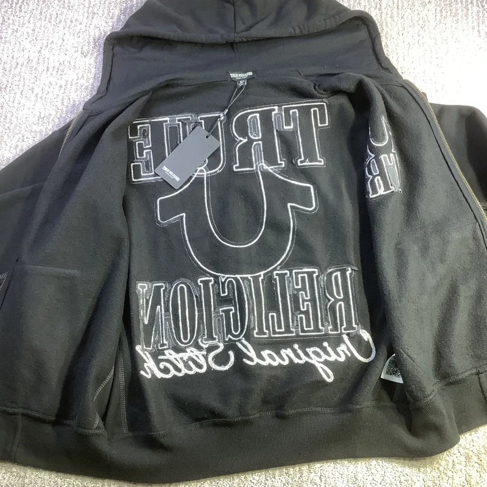 True Religion Mens Rib Stitch Dept Boxy Zip Up Hoodie Jet Black Size S NWT